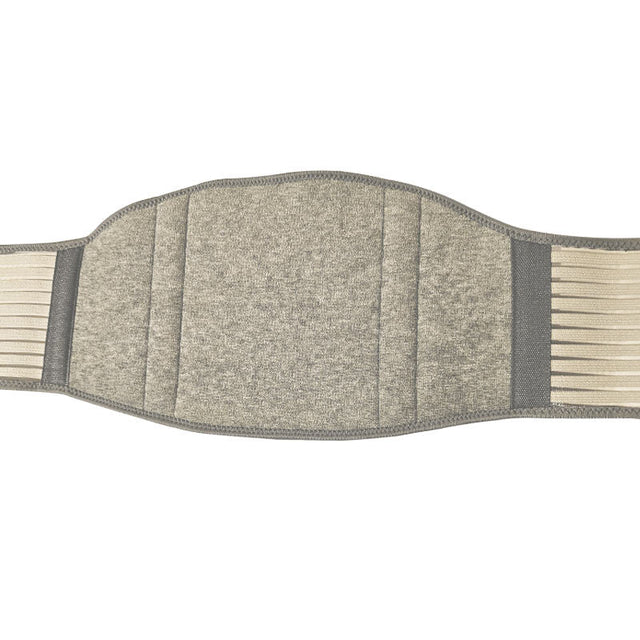 Beige/grå Bambu gördel som ryggstöd, sedd platt från insidan med mjukt frottéfoder och elastiska band