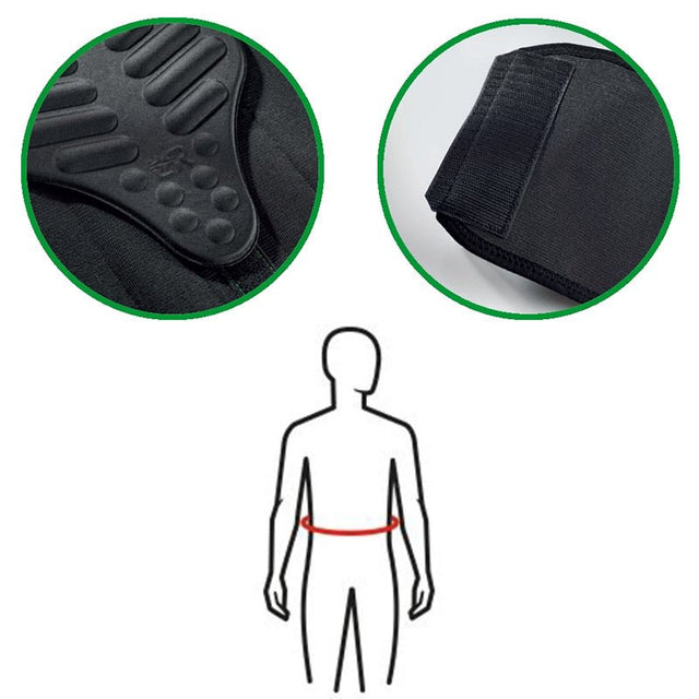 Detaljer av ländbältet med avtagbart stabiliserande element, kardborrefästen och midjemåttguide
