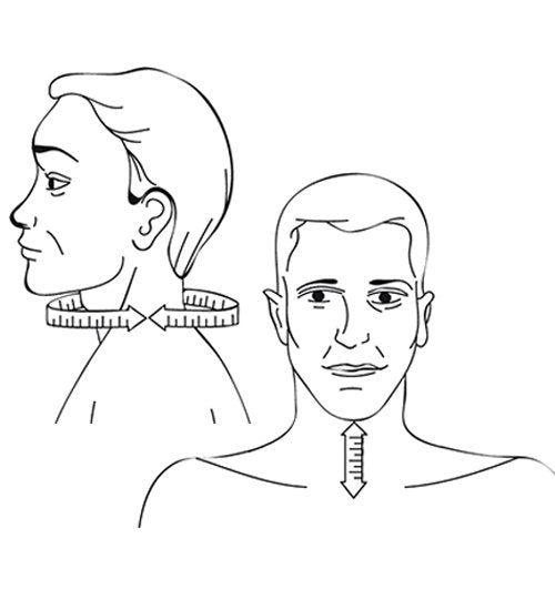 Illustration som visar hur man mäter nackens omkrets och höjd för att välja rätt storlek på halskragen