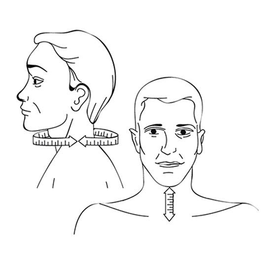 Illustration som visar hur man mäter nackens omkrets och höjd för att välja rätt storlek på halskragen