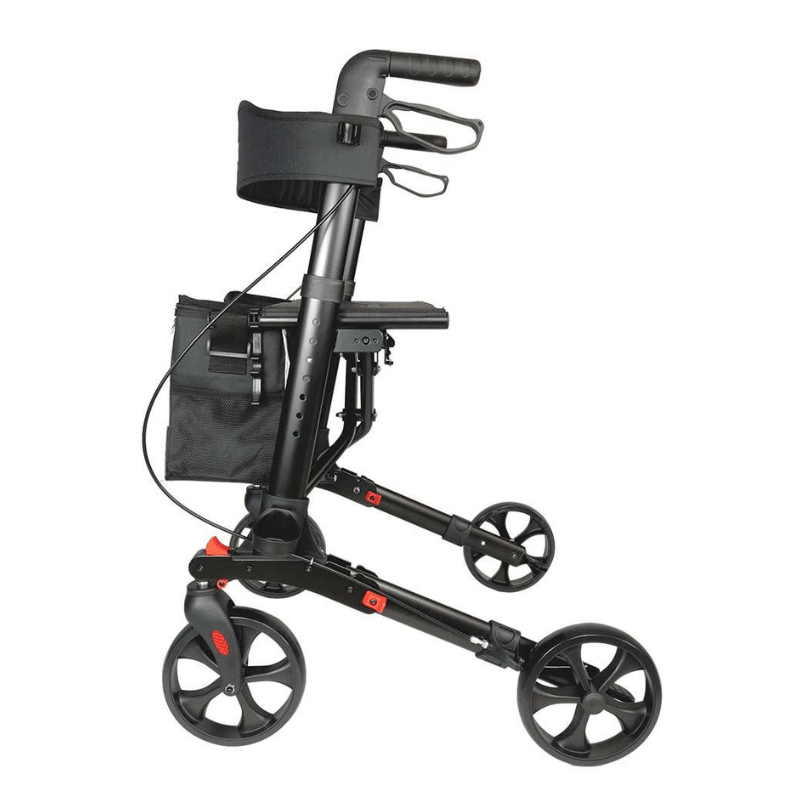 Svart Mobilex Panther Compact utomhusrullator sedd från sidan, med justerbara handtag och fyra hjul