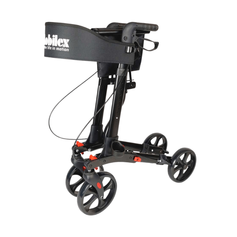 Mobilex Panther Compact rollator i svart, sedd framifrån med fyra hjul och ergonomiska handtag