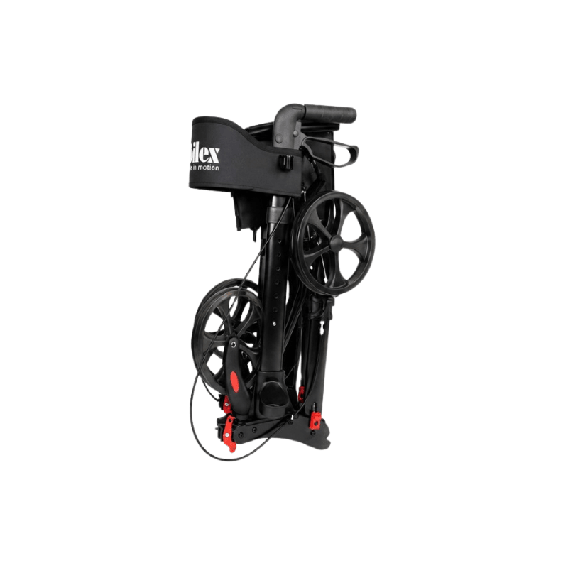 Den svarta Mobilex Panther Compact rollatorn hopfälld till ett kompakt paket, sedd från sidan