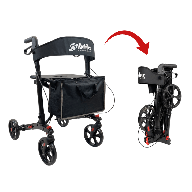 Svart Mobilex Panther Compact rollator, visas både utfälld och hopfälld för att visa den kompakta storleken
