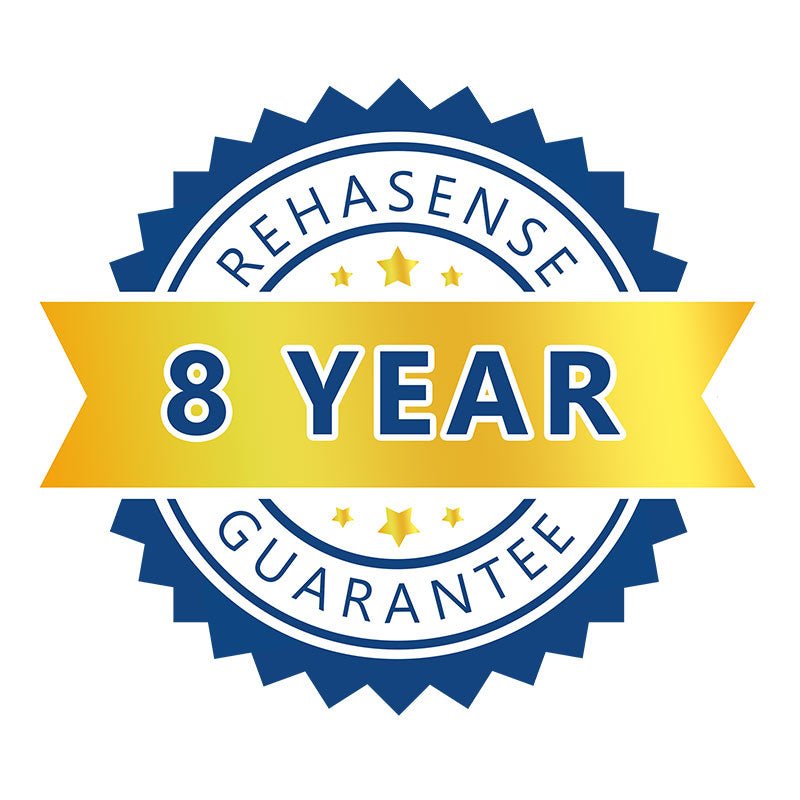 Rehasense logotyp med texten "8 Year Guarantee" i blått och guld