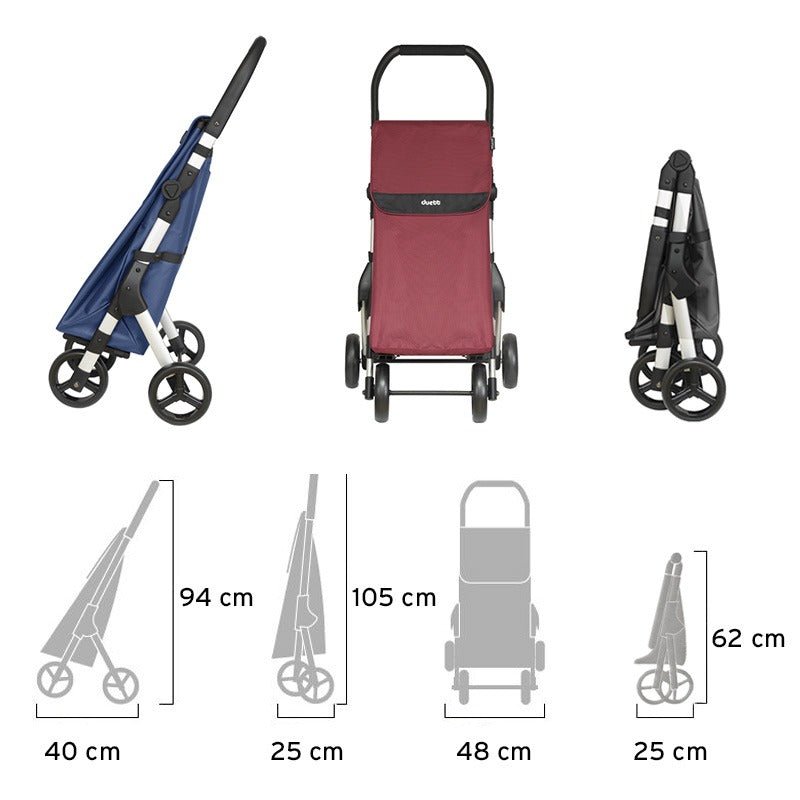 Översiktsbild med Muuvi Up dramatenväskor i blått, rött och mörkgrått, samt schematiska måttangivelser