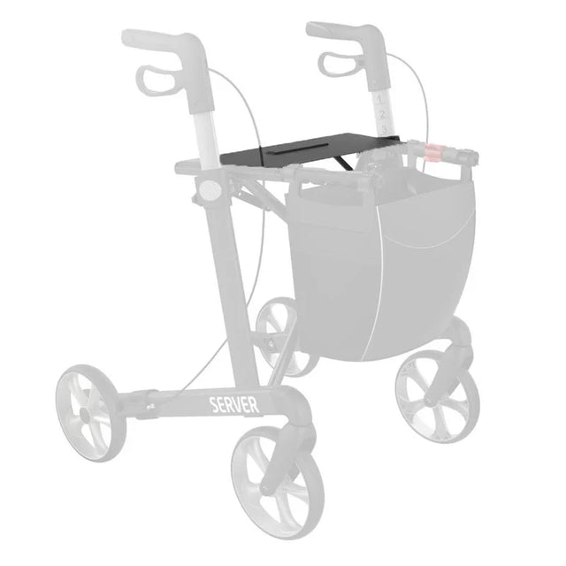 Svart nätsits för rollator, monterad på en grå rollator sedd framifrån