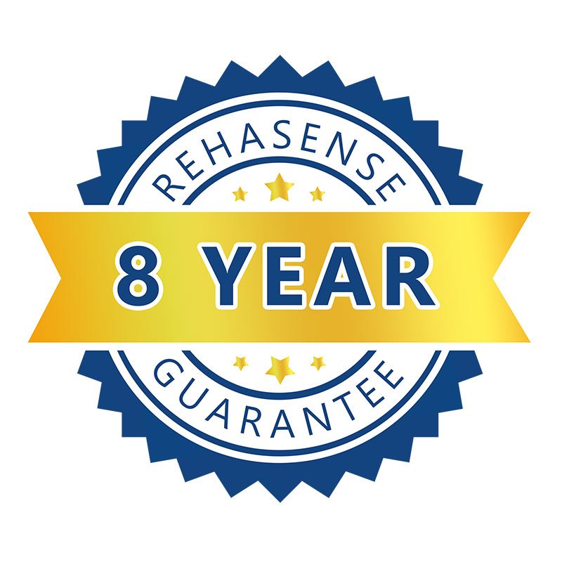 Rehasense-logotyp med texten "8 Year Guarantee" på ett guldgult band och blå bakgrund