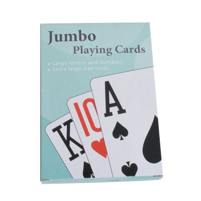 Förpackning för extra stora spelkort med tydliga symboler och texten "Jumbo Playing Cards