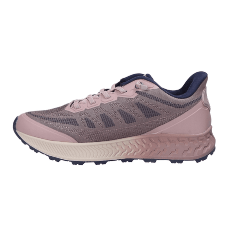 Vänster rosa Waldläufer damsneaker i textil och mocka, sedd snett bakifrån med snörning och mörkblå detaljer