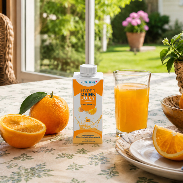 En förpackning Nutrisens näringssaft med apelsinsmak och ett glas juice på ett bord med färska apelsiner