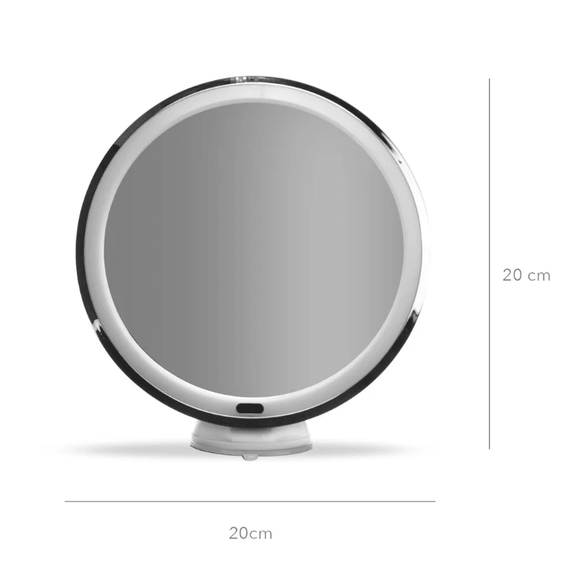 Makeup-spejl med lys set forfra, tydeligt markeret med en diameter på 20 cm