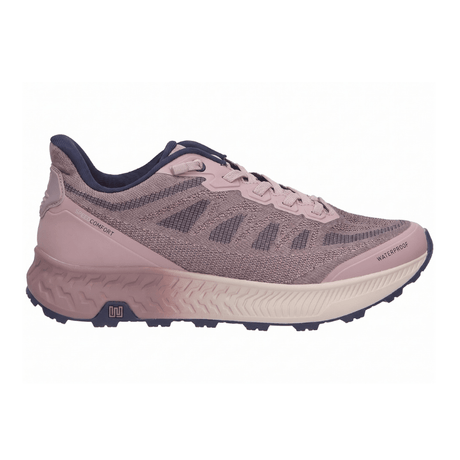 Höger rosa Waldläufer damsneaker i mocka och textil, sedd snett framifrån med snörning och "WATERPROOF" text på sidan