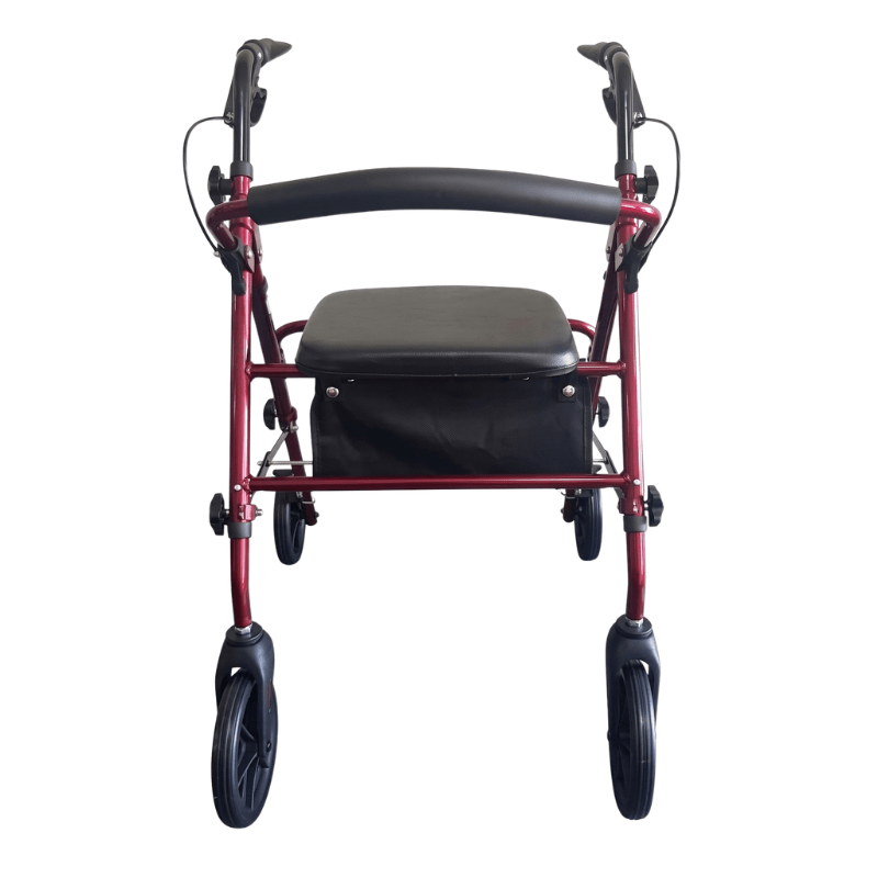 Rød Ibis rollator set lige forfra med sort sæde, ryglæn og håndtag