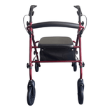 Rød Ibis rollator set lige forfra med sort sæde, ryglæn og håndtag