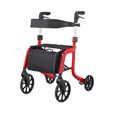 Rød Samba rollator set forfra med sort sæde, rygstøtte og praktisk opbevaringstaske