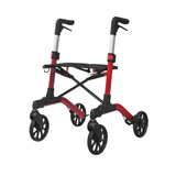 Röd Mambo rollator hopfälld och kompakt, sedd snett framifrån utan väska