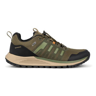 Green Comfort outdoor herrsko i olivgrönt med ventilerande mesh och elastiska snören, sedd från sidan