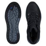 En svart Skechers herrkänga sedd uppifrån och en sula med grovt mönster bredvid