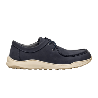 Mörkblå New Feet herrsko i nubuck med snören, sedd från sidan med beige sula