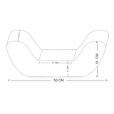 Teknisk ritning av en ländkudde med mått som 50 cm längd, 25 cm bredd och 18 cm höjd