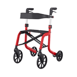 Rød Samba udendørs rollator med sort sæde og rygstøtte, set skråt forfra