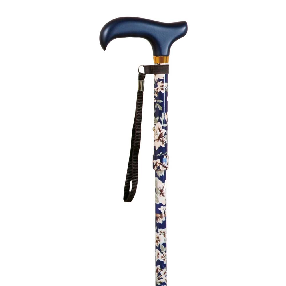 Stok, sammenklappelig, blå med blomster