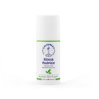 Vit Alkymea Klinisk Hudvård lotion i en liten cylinderformad flaska med vit vakuumdispenser, framifrån